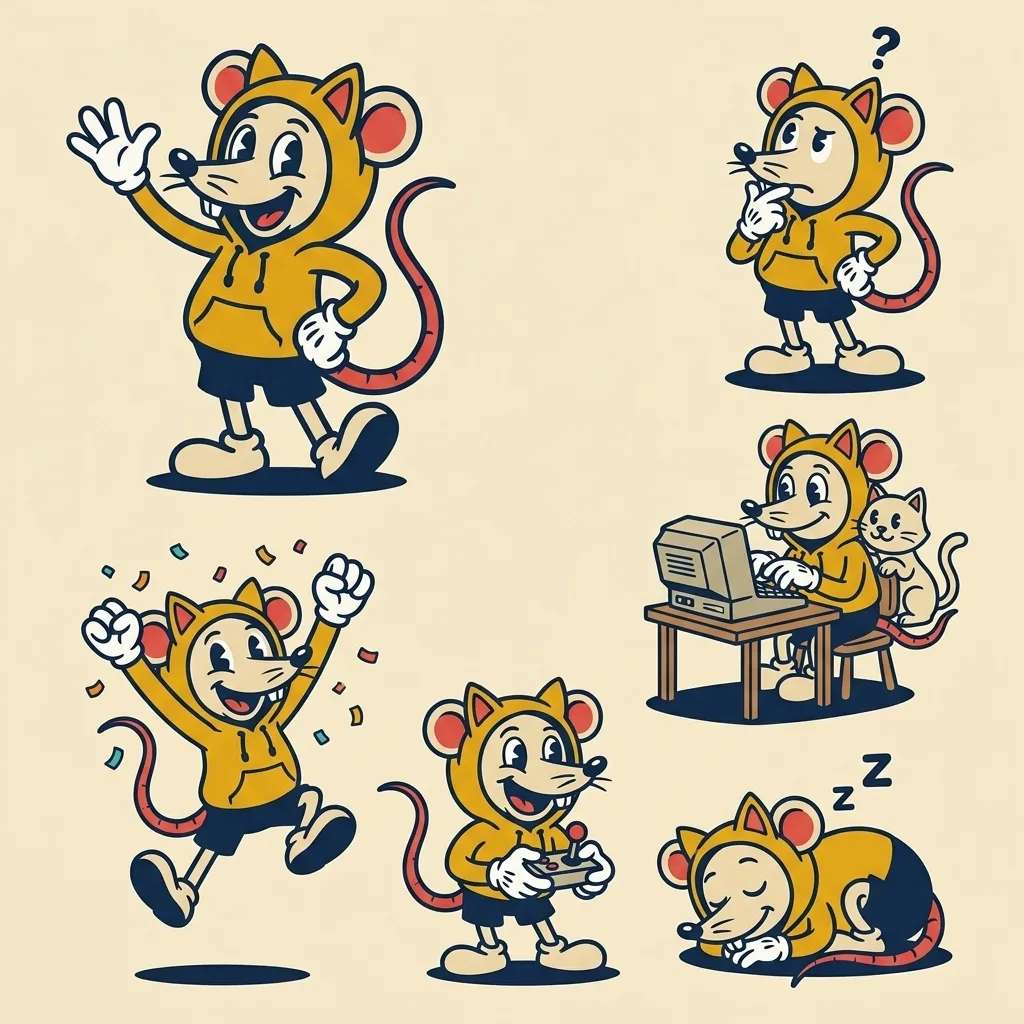 La mascota de Raattoon en varias poses: saludando, pensando, celebrando, programando junto a un gato y durmiendo